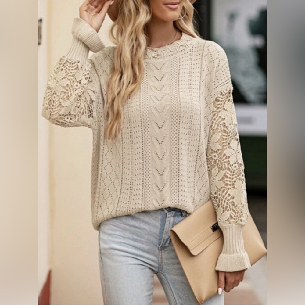 Elegant tan boho lace crochet sweater